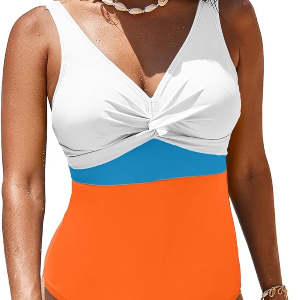 White and Orange One Piece Swimsuit with Twisted V-Neck